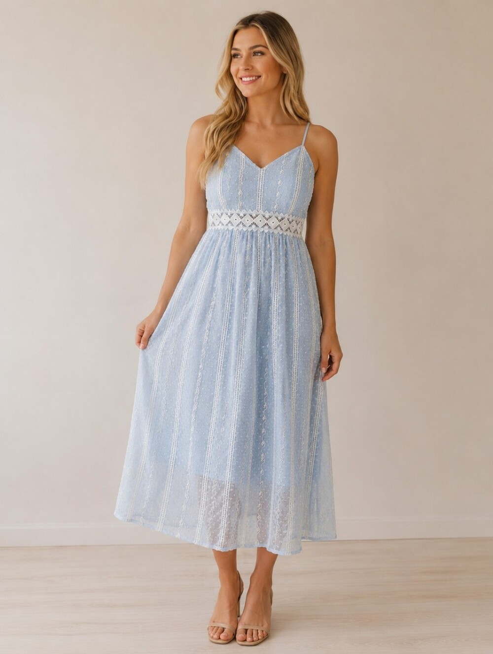 Eilly Bazar Baby Blue Lace Cutout Midi Dress Large Swiss Dot Cottagecore Boho